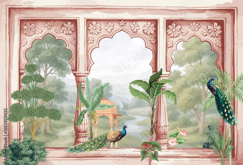 Traditional Mughal peacock Garden. Mughal architecture illustration wallpaper. Botanical forest Jungle illustration