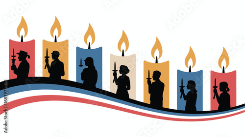 Kwanzaa celebration with seven candles and silhouettes of people holding unity cup