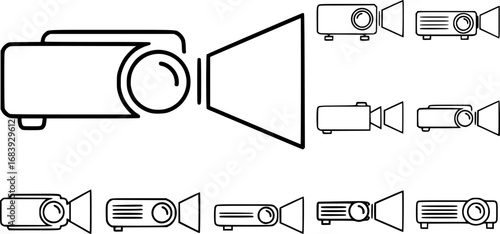 set of projector with lens and light beam outline icon vector

