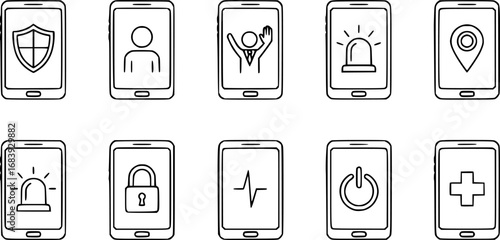 set of personal safety app on phone outline icon vector

