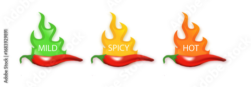 Chili spicy meter Paprika hot meter sign for label of product. Spicy food mild and extra hot sauce chili pepper red icons.