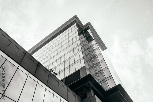 Monochrome Low Angle View Of Glass Office Building