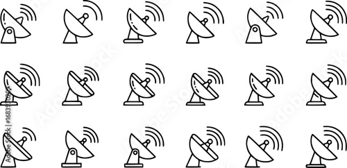 set of satellite dish with signal waves outline icon vector
