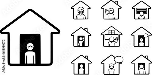 set of person in quarantine house outline icon vector
