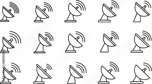set of satellite dish with signal waves outline icon vector
