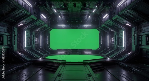 Fototapeta Naklejka Na Ścianę i Meble -  Futuristic Spaceship Corridor Green Screen:  Sci-Fi Interior Design, 3D Render