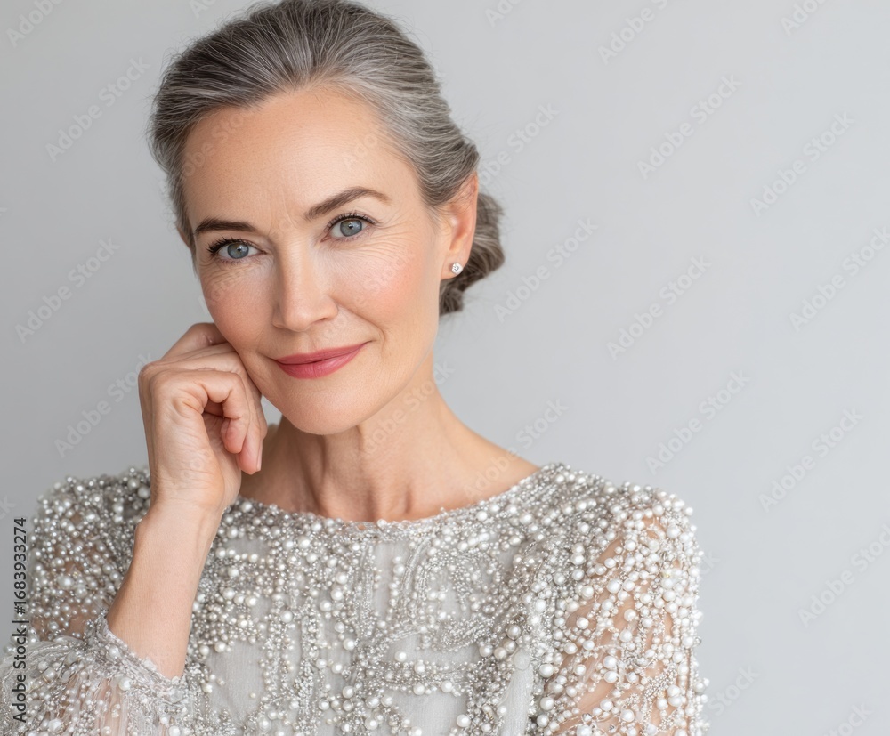 © Arwin - A mature woman with thoughtful expression, adorned in a glamorous gray beaded gown, radiates elegance and timeless beauty against a neutral backdrop.