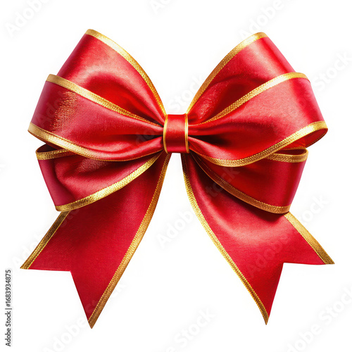 Luxurious red satin ribbon bow with gold trim festive decoration isolated on black transparent background