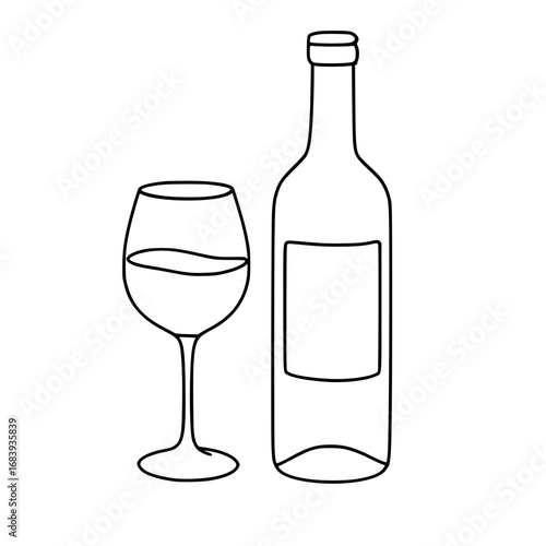 A glass of wine, next to which is a bottle with a label