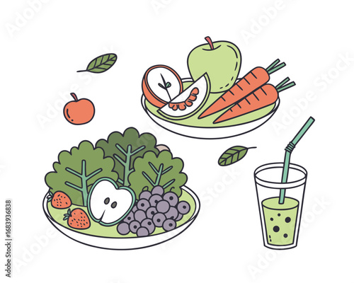 Healthy Food Illustration with Salad Apples Carrots and Smoothie for Nutrition and Well being Promotion