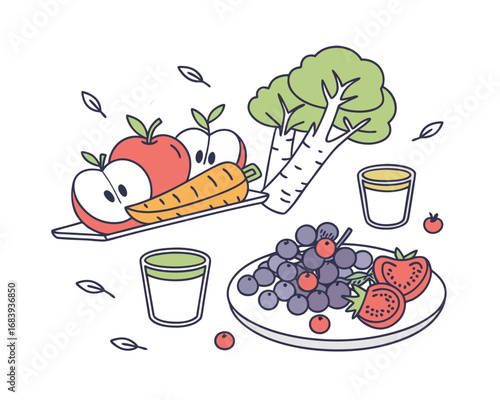 Healthy Eating with Fresh Fruits and Vegetables Illustration for Wellness and Nutrition Promotion Featuring Apples Carrots Broccoli Grapes and Strawberries