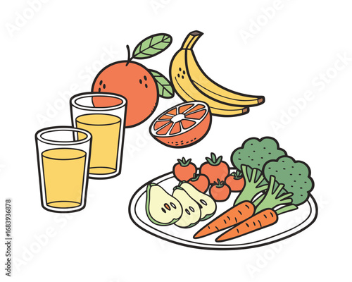 Fresh Fruits and Vegetables Cartoon Style Illustration for Healthy Eating and Lifestyle Promotion Content Colorful Still Life