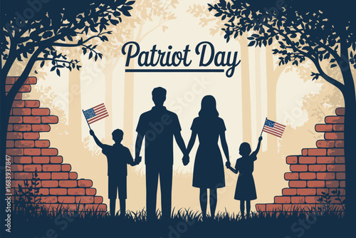 Silhouette family celebrates Patriot Day with american flags in a patriotic scene