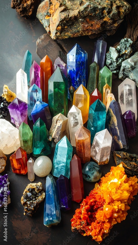 Fototapeta premium Colorful crystals and rocks on dark surface