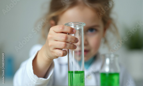 Science kids experiment with chemistry liquid in test tube for education. Young girl student conducting a science kids reaction, performing chemical analysis, and discovering new things.