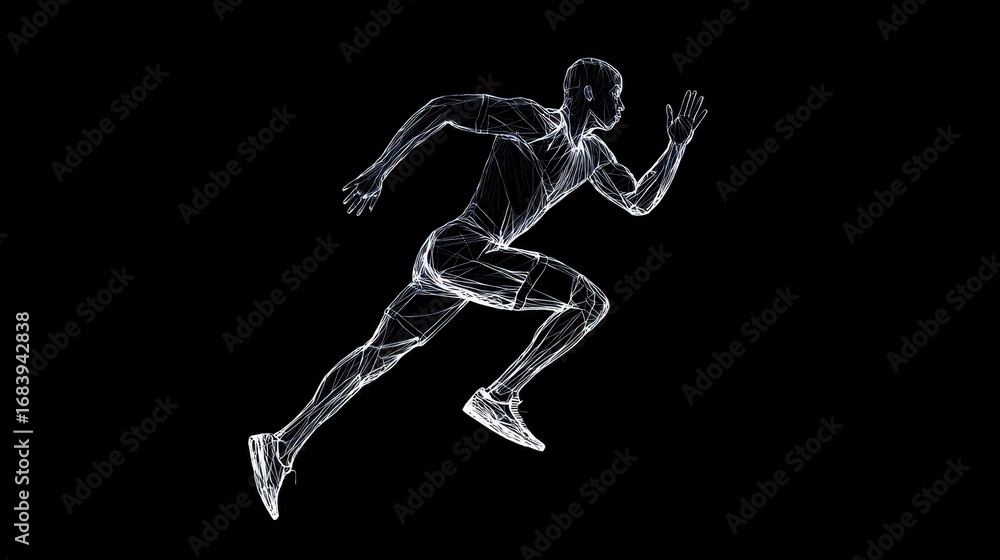 Fototapeta premium Dynamic runner illustration showcases speed and motion with a glowing, wired aesthetic against a stark black background.