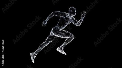 Dynamic runner illustration showcases speed and motion with a glowing, wired aesthetic against a stark black background.