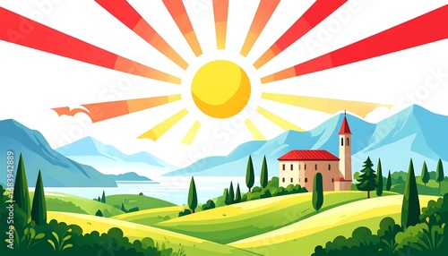 A picturesque Italian landscape, sunlit hills