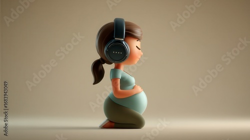 Peaceful 3D cartoon pregnant woman wearing headphones listening to music for her baby against neutral background with free copy space for text