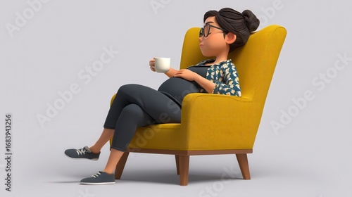 Relaxed pregnant Asian woman with glasses and bun hairstyle enjoying coffee in bright yellow armchair, 3D animated character with gray background, free copy space for text