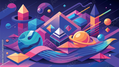 Cosmic Geometry: Abstract 3D Art Featuring Planets and Crystals
