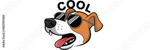Cartoon dog head with sunglasses barking and cool text on white