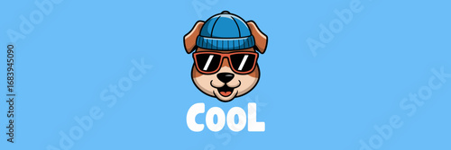 Cartoon dog head with sunglasses, cool hat, eyes closed, smiling