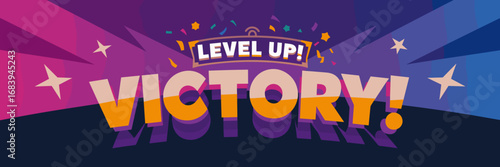 Banner with victory text and level up banner with confetti and stars