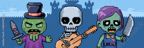 Game scene with chibi slime skeleton and zombie holding weapons