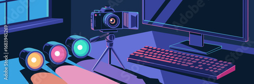Vector illustration of game streaming setup with tripod camera and RGB lights
