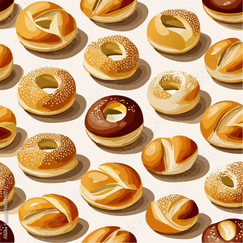 vector illustration of freshly baked bagels and rolls aligned in a sleek geometric pattern on a neutral surface