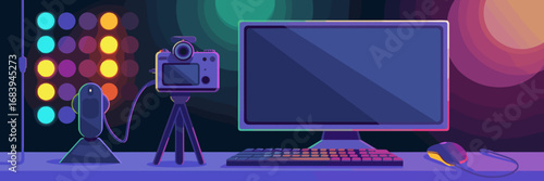 Vector illustration of game streaming desk setup with camera monitor and RGB