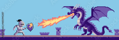 Pixel art of knight battling dragon with fire and health bars castle backdrop