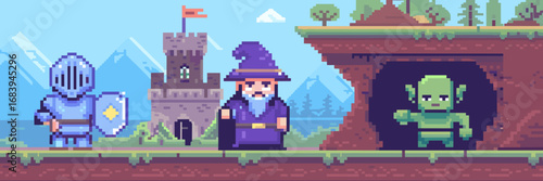 Pixel art of knight wizard and goblin with health bars in medieval landscape