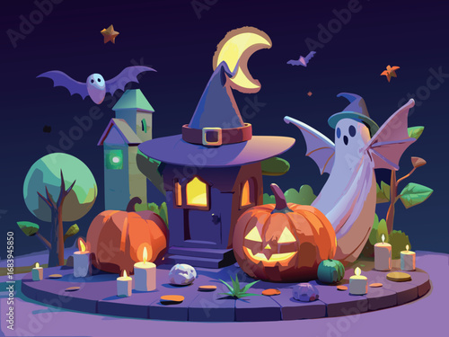 Halloween Pixel Art: Spooky Night Scene with Witch's House & Ghost
