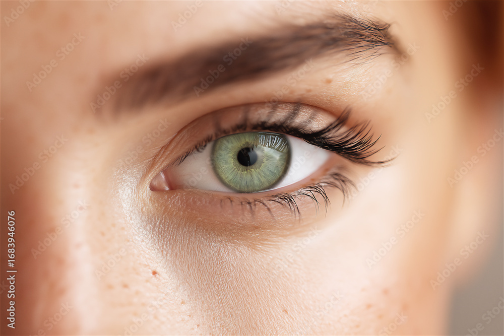 Obraz premium Close-up of beautiful woman's green eye with natural makeup, perfect for cosmetics, beauty industry and skincare commercial advertising campaigns.