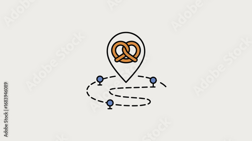Pretzel location pin icon with dotted path representing food tour or bakery finder