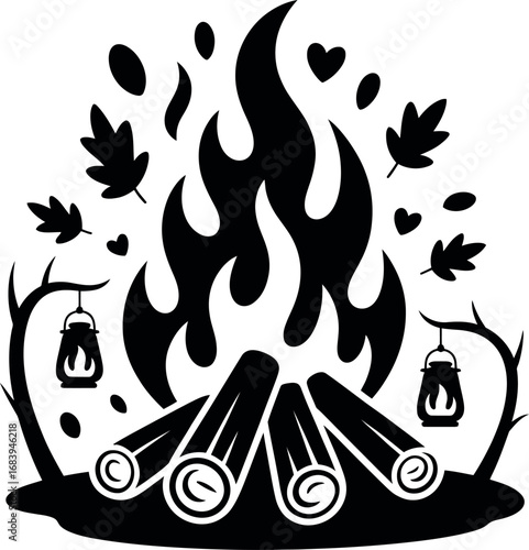 Campfire with leaves isolated on white background.