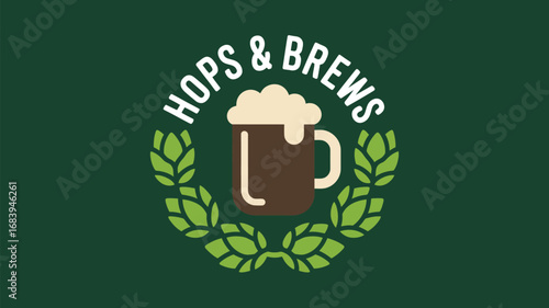 Hops and brews logo featuring a beer mug surrounded by hop leaves on a green background
