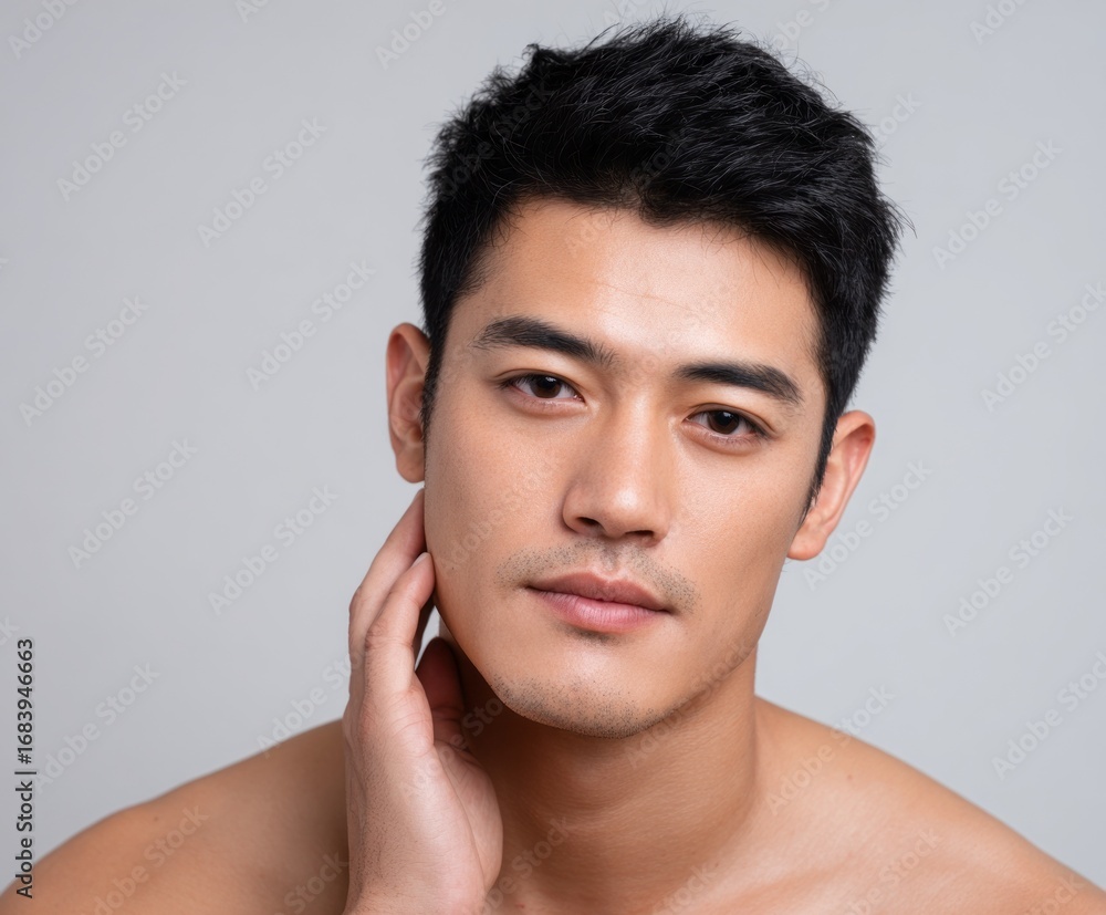 Naklejka premium Close-up portrait of a man with smooth, healthy-looking skin, showcasing a refined and sophisticated aesthetic.