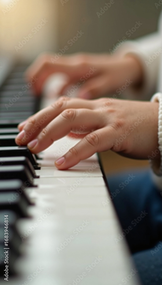 Fototapeta premium Child hands playing piano keyboard. Small hands learning musical instrument. Closeup of fingers pressing piano keys. Perfect image for back to school campaign promoting music education.