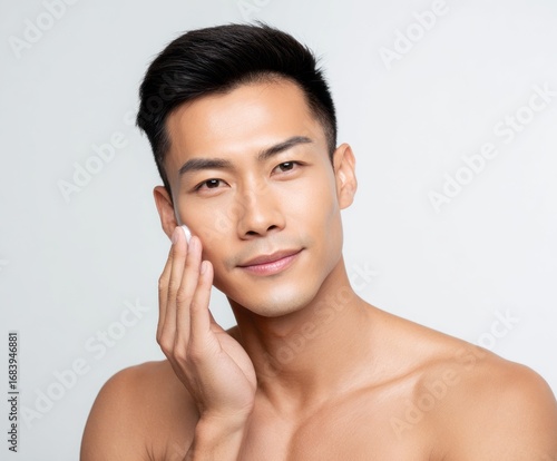 A handsome man applies moisturizer to his skin, showcasing healthy and smooth facial skin against a neutral background.