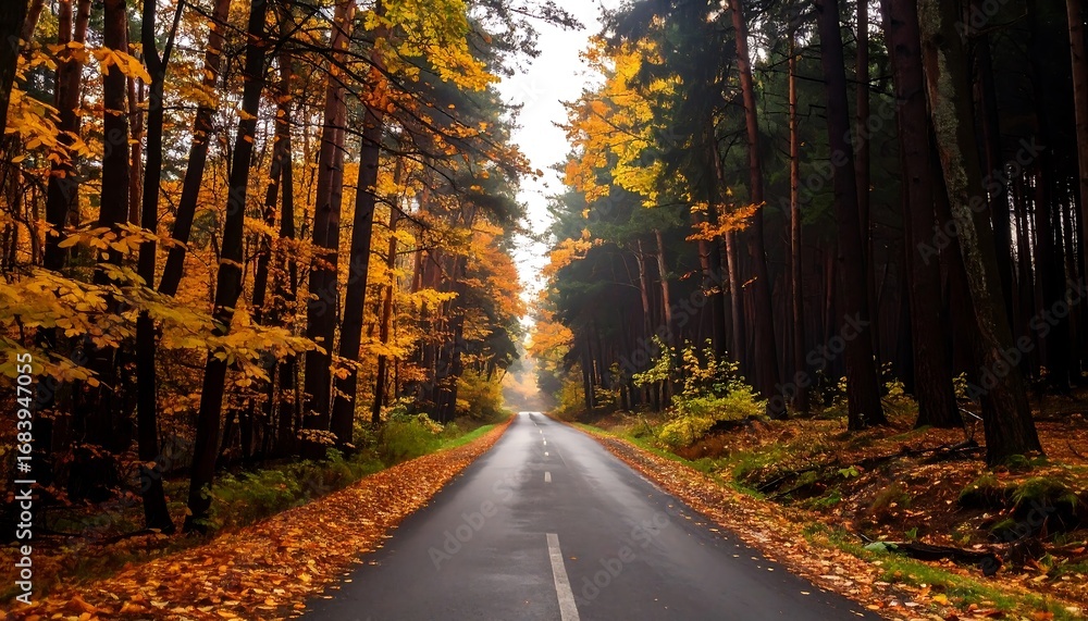 Obraz premium A wet road carves through a forest, flanked by autumn-hued trees, leading towards a bright sky