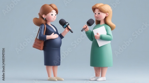 Friendly 3D cartoon female journalist interviewing pregnant woman with microphones against light blue background, modern media representation of maternity in broadcast journalism