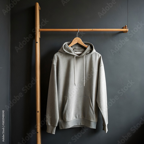 grey hoodie hanging on wooden hanger against dark