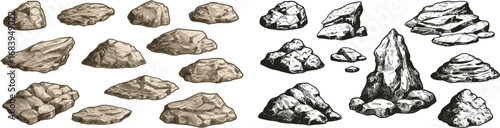 Stone, rock hand drawing nature element isolated on white background. Natural rocky slate lump engraving hand drawn in retro style.
