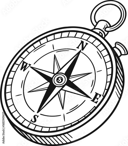Gold and white compass rose vector on a black background, with arrows pointing north, south, east, and west, a symbol for travel and navigation
