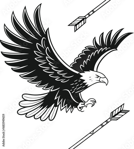 A tribal vector illustration of a majestic eagle with outstretched wings, soaring through the sky