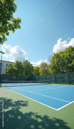 Wallpaper Mural Tennis court on bright sunny day, with green trees and blue sky forming idyllic landscape. Tennis court is perfect place for physical activity and competitive sport, providing space for athletes. Torontodigital.ca