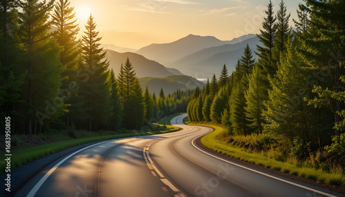 Wallpaper Mural Serene mountain road at sunrise, winding through a lush forest..A picturesque, winding road meanders through a dense forest, with towering evergreen trees lining both sides. Torontodigital.ca